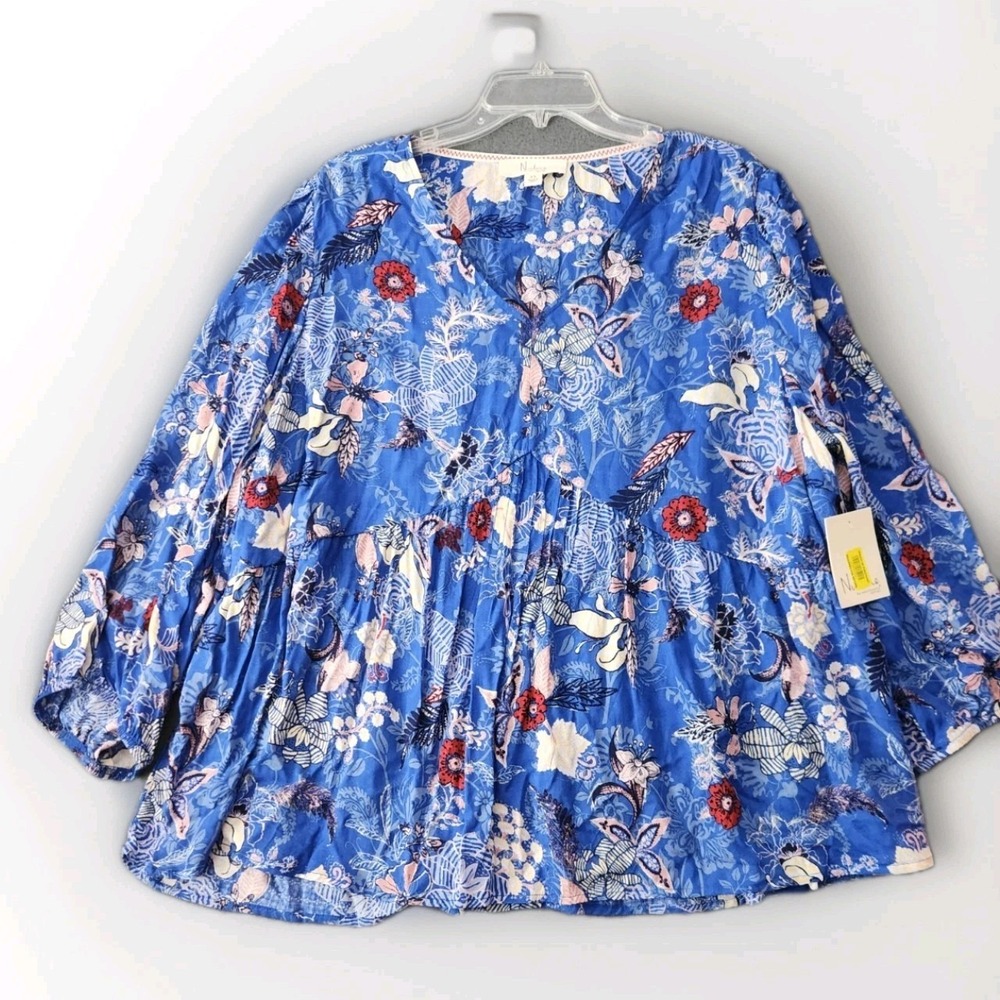 Nurture by westbound Womens Boho Blue Floral‎ V-Neck Surplice Blouse Sz 2X NWT